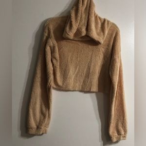 Women hoodie cropTop lightweight Sherpa pull on beige. M
